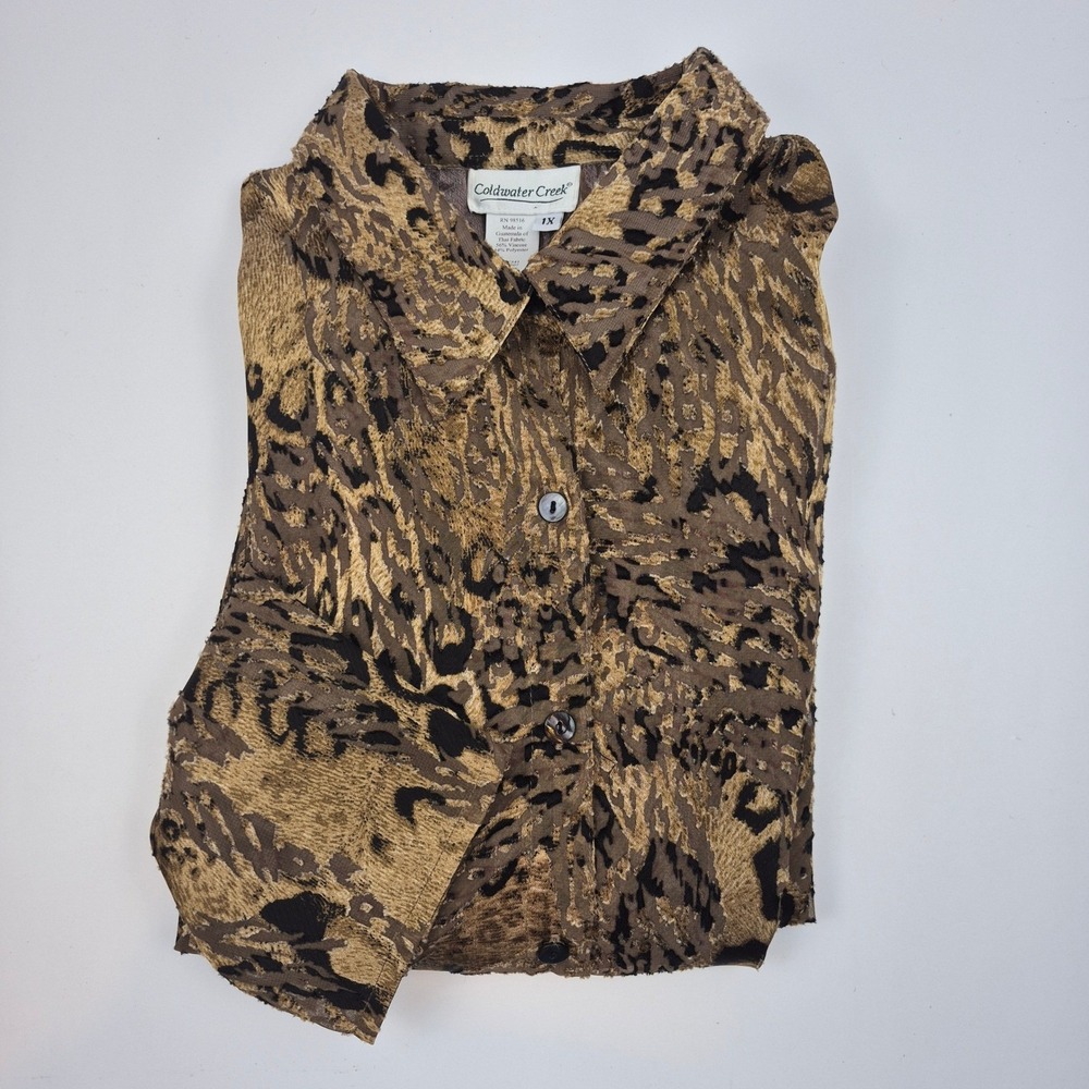 Coldwater Creek 1X Button Down Top Animal‎ Print Sheer Long Sleeve Blouse